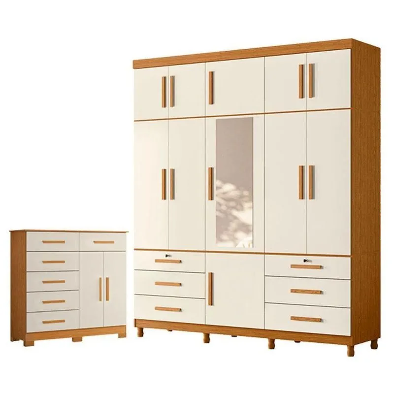 Guarda Roupa Casal Com Cômoda Triton Plus 11 Portas De Bater 6 Gavetas Mdp Cinamomo Off White