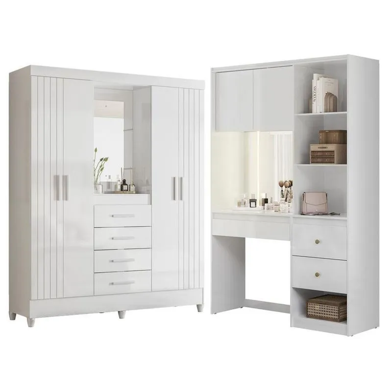 Guarda Roupa Solteiro Capelinha Atenas 4 Portas 4 Gavetas Mdp Com Espelho Penteadeira Camarim Branco