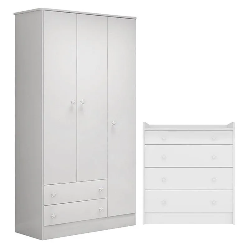 Guarda Roupa Infantil Doce Sonho 3 Portas De Bater 2 Gavetas Mdp Branco Brilho Com Cômoda Qmovi