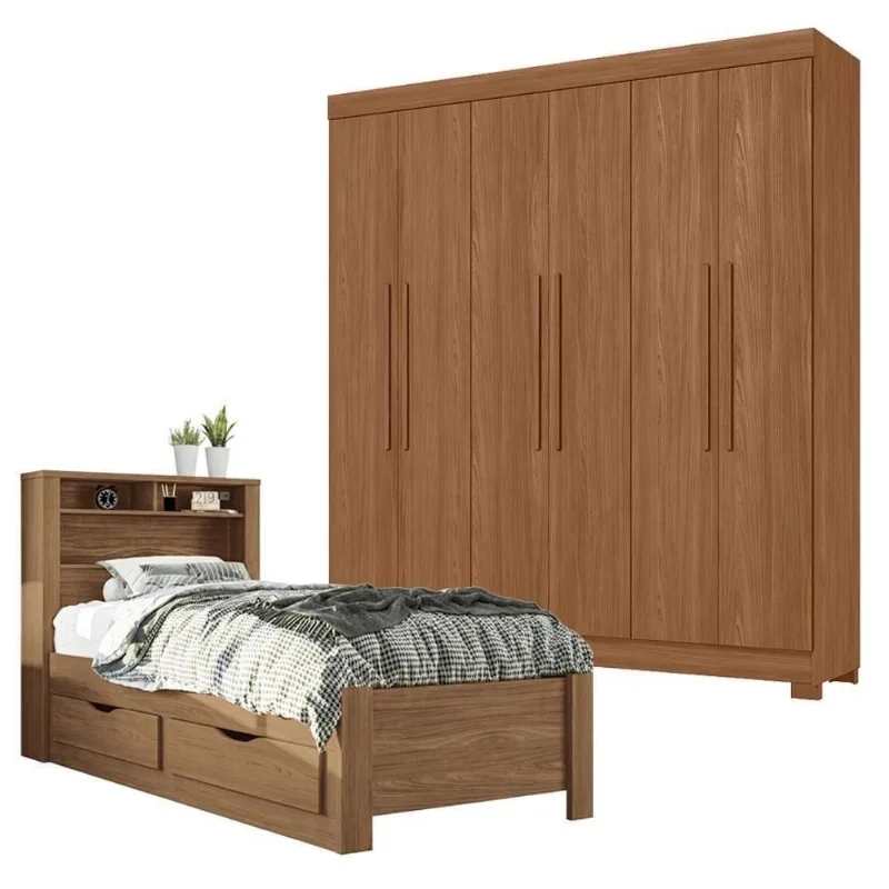 Guarda Roupa Casal 6 Portas e Cama Solteiro com Gavetas Toledo MDP e MDF 120CM Café Santos Andirá