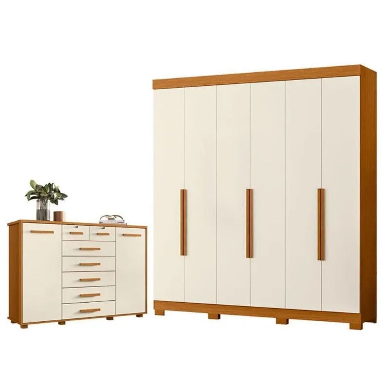 Guarda Roupa Casal Vinci 6 Portas de Bater 3 Gavetas MDP Cinamomo Off White com Cômoda Fontana