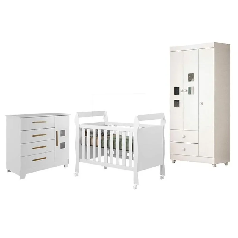 Guarda Roupa Infantil Life 3 Portas Giratória 2 Gavetas MDF Branco Acetinado Com Cômoda Fly E Berço