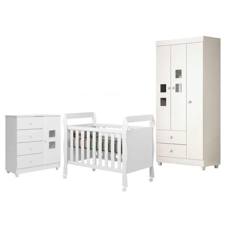 Quarto De Bebê Com Berço Americano Soninho Mdf Branco Acetinado Tigus Móveis