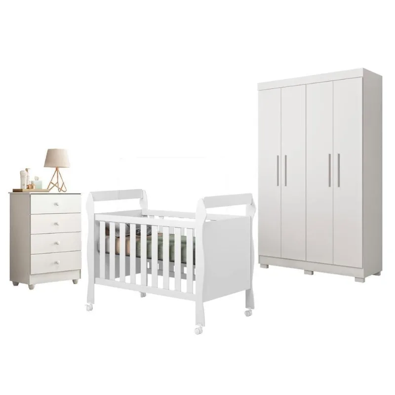 Guarda Roupa Infantil Florida com Berço Americano e Cômoda 4 Portas 3 Gavetas MDF 141CM Branco Tigus