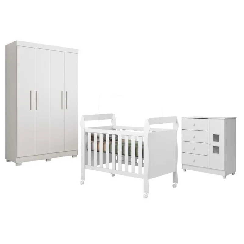 Guarda Roupa Infantil Florida com Cômoda Life e Berço Americano Soninho 4 Portas 4 Gavetas MDF