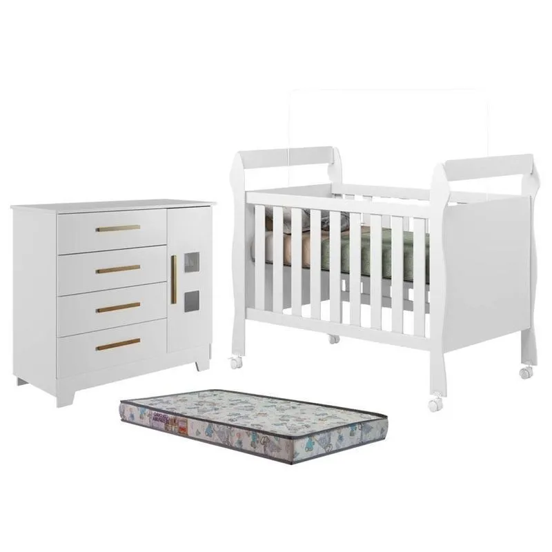 Berço Americano com Cômoda Soninho MDF Colchão Incluso Branco Tigus Móveis