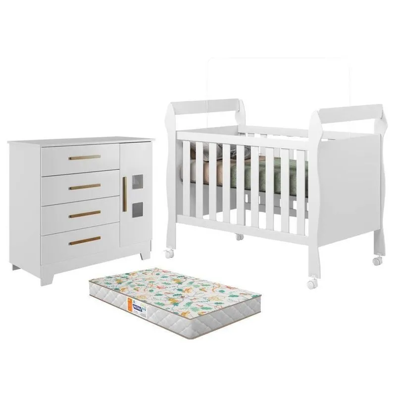 Berço Americano Soninho Com Cômoda Fly MDF Colchão Branco Tigus Móveis