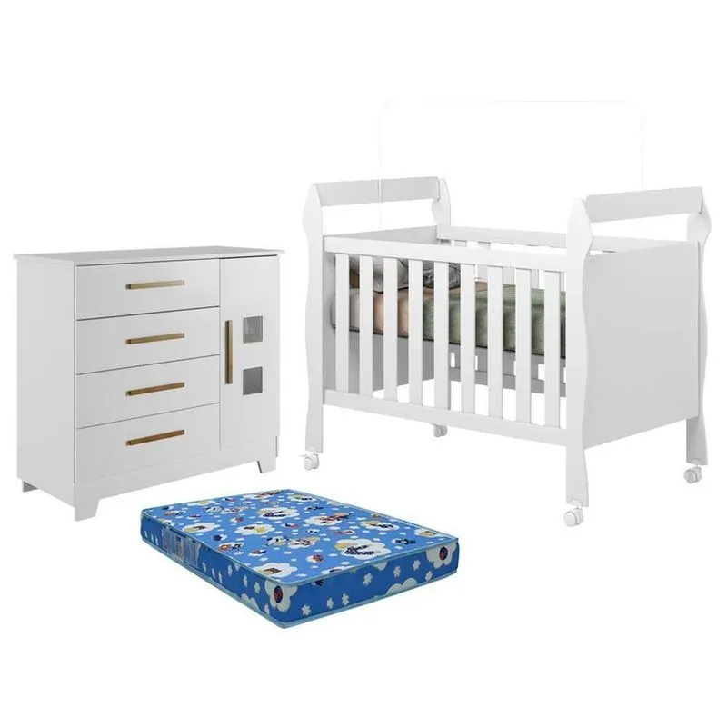 Berço Americano Soninho Com Cômoda Fly Mdf Colchão Branco
