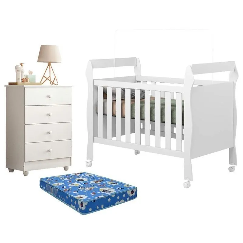 Berço Americano com Gaveteiro Soft Soninho MDF Colchão Incluso Branco Tigus Móveis