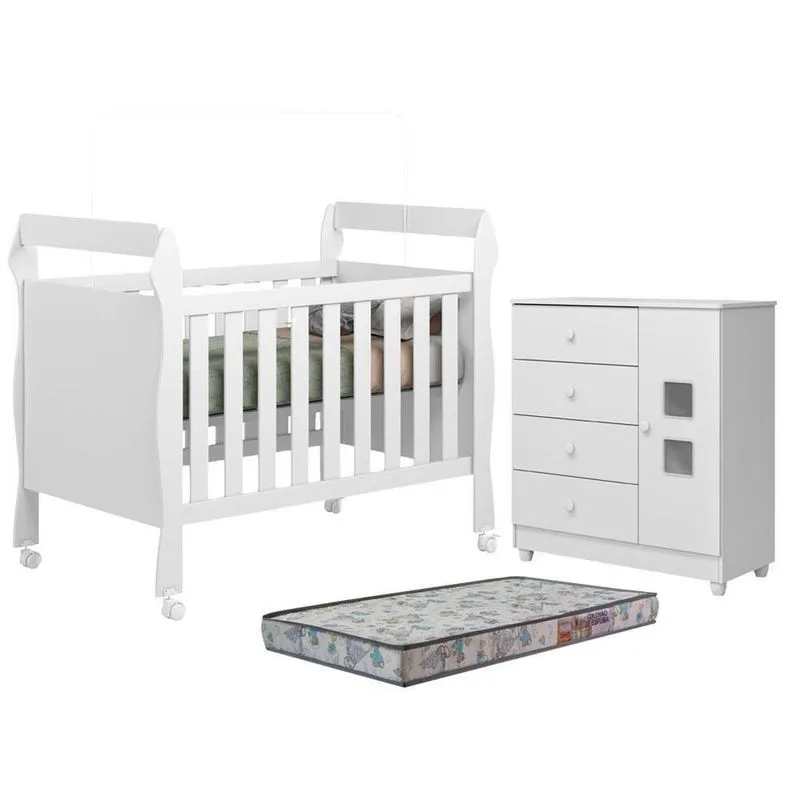 Berço Americano Com Cômoda Soninho Mdf Colchão Incluso Branco Tigus Móveis