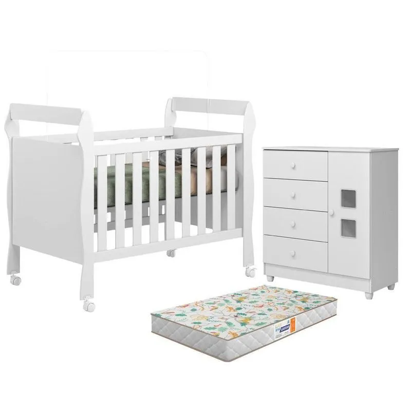 Berço Americano Soninho Com Cômoda MDF Colchão Branco Acetinado Tigus Móveis
