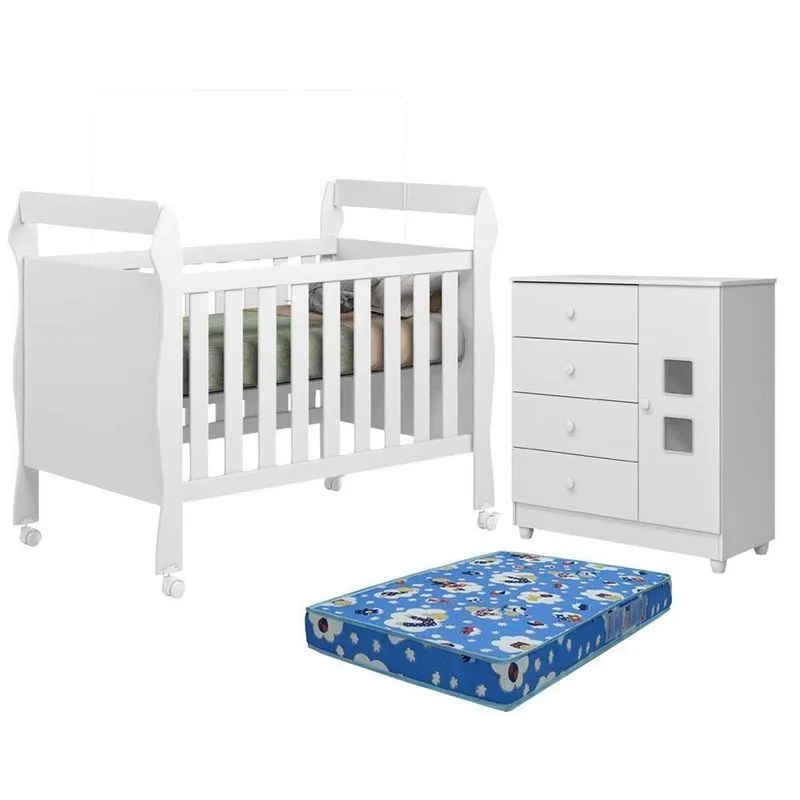 Berço Americano Com Cômoda Soninho Mdf Colchão Incluso Branco Tigus Móveis