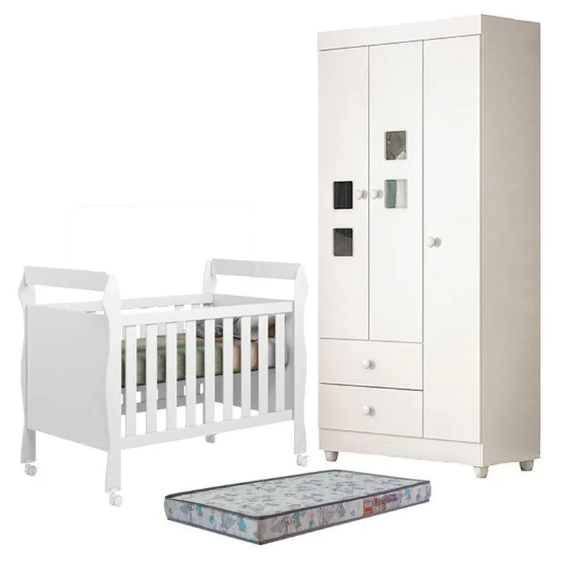 Berço Americano Com Guarda Roupa E Colchão Soninho Evolui Para Mini Cama Branco Tigus Móveis