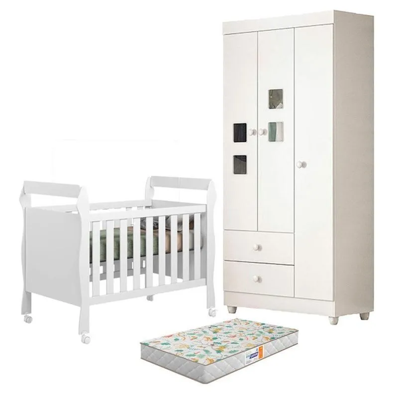 Berço Americano Soninho Com Guarda Roupa Life Mdf Colchão Branco Tigus