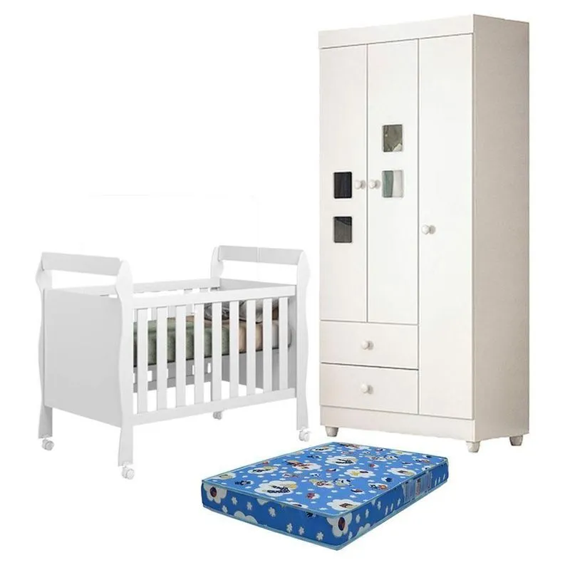 Berço Americano Com Guarda Roupa E Colchão Soninho Mdf Branco Acetinado Tigus Móveis