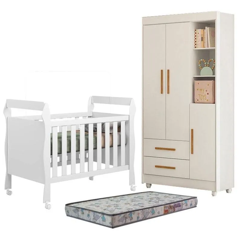 Berço Americano Soninho com Guarda Roupa MDF Colchão Incluso Branco Tigus Móveis