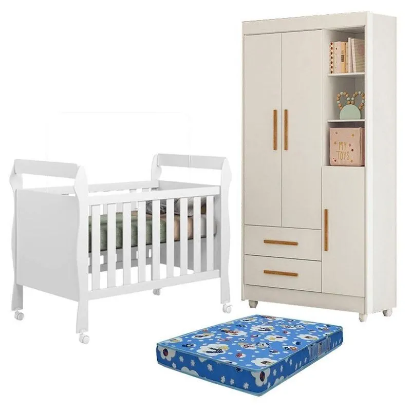 Berço Americano com Guarda Roupa e Colchão Soninho 3 Portas 2 Gavetas MDF Branco Acetinado Tigus