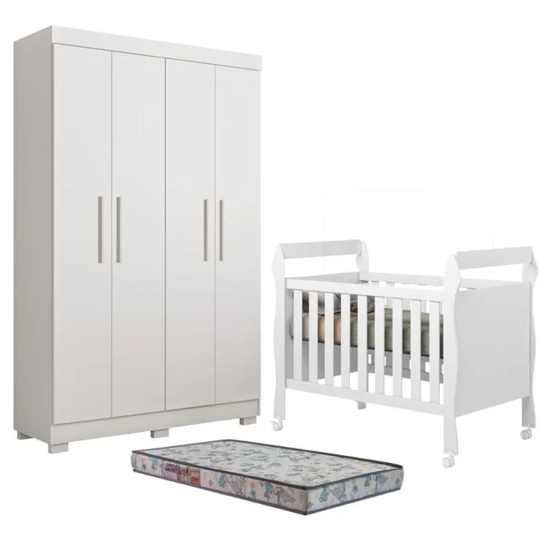 Kit Berço Americano com Guarda Roupa e Colchão Soninho 4 Portas 3 Gavetas MDF Branco Acetinado Tigus