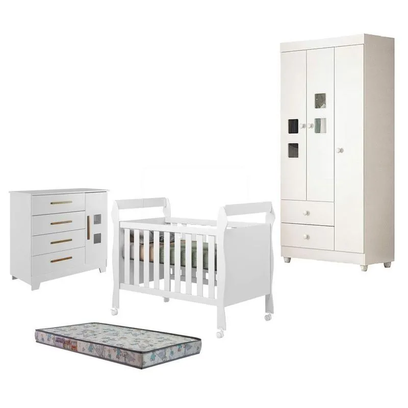 Guarda Roupa Com Cômoda E Berço Americano Soninho Mdf Colchão Branco Tigus Móveis
