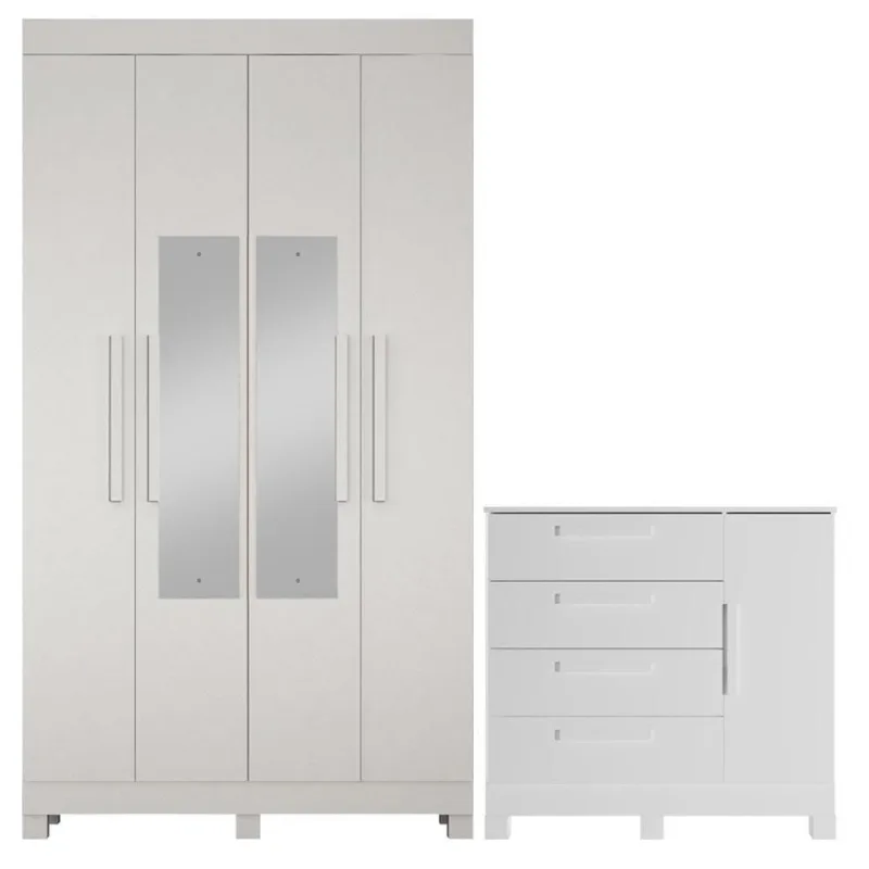 Guarda Roupa Casal Quero 4 Portas de Bater com Espelho e Cômoda 1 Porta 4 Gavetas MDF Branco