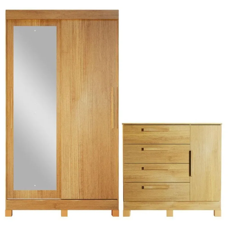 Guarda Roupa Casal Canarinho 2 Portas de Correr 4 Gavetas com Espelho e Cômoda Quero Valdemóveis