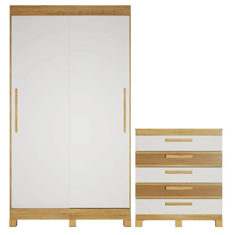 Guarda Roupa Casal Canarinho 2 Portas de Correr com Cômoda Sabiá 5 Gavetas MDF Cinamomo Off White