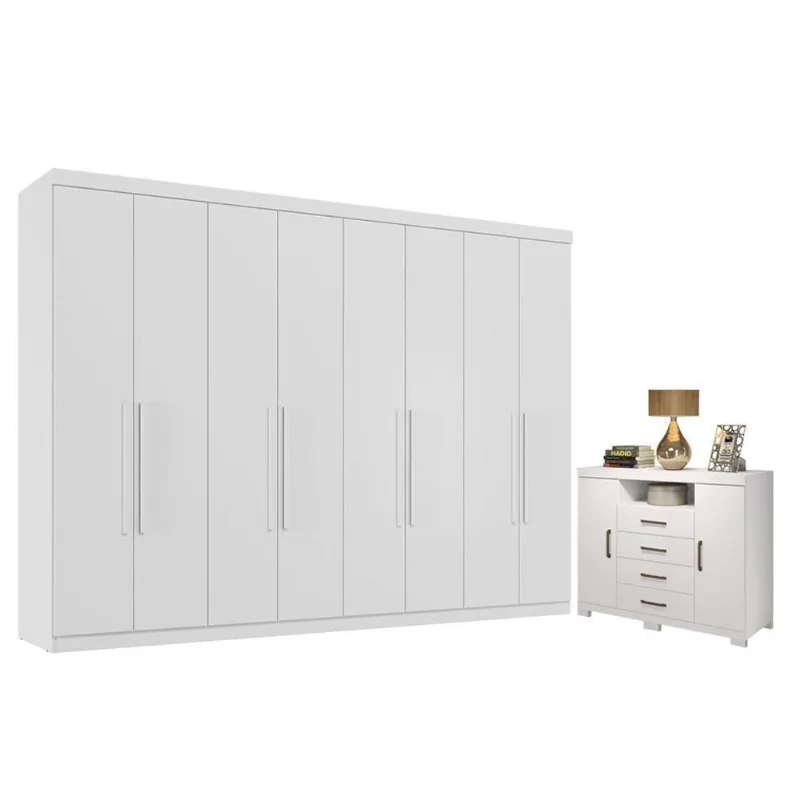 Guarda Roupa Casal Master New 8 Portas 4 Gavetas MDP Cômoda Havana Branco Brilho Santos Andirá