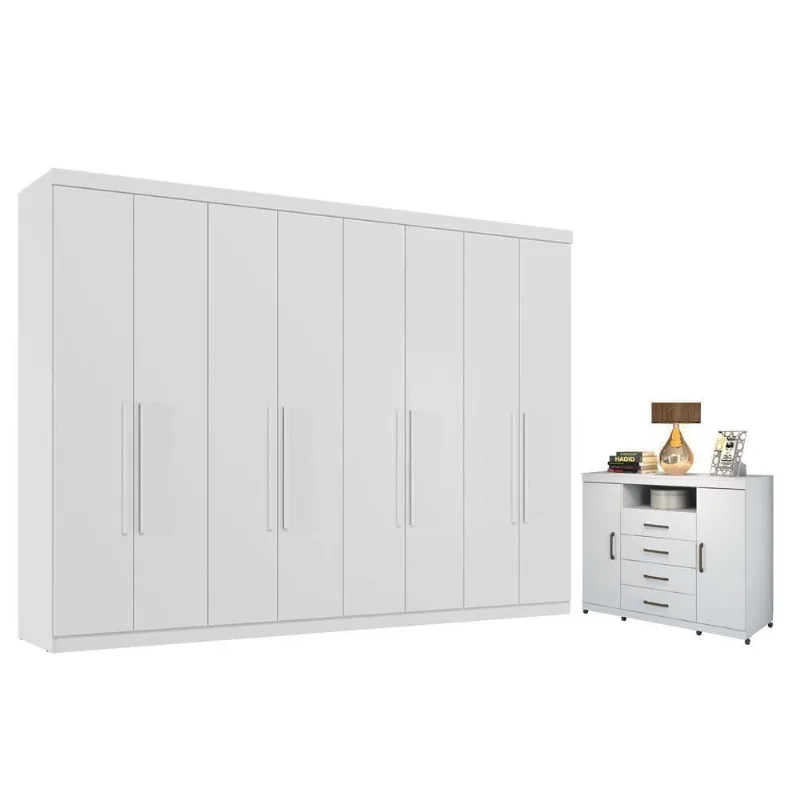 Guarda Roupa Casal Master New 8 Portas de Bater 4 Gavetas MDP Branco Brilho com Cômoda Havana Santos