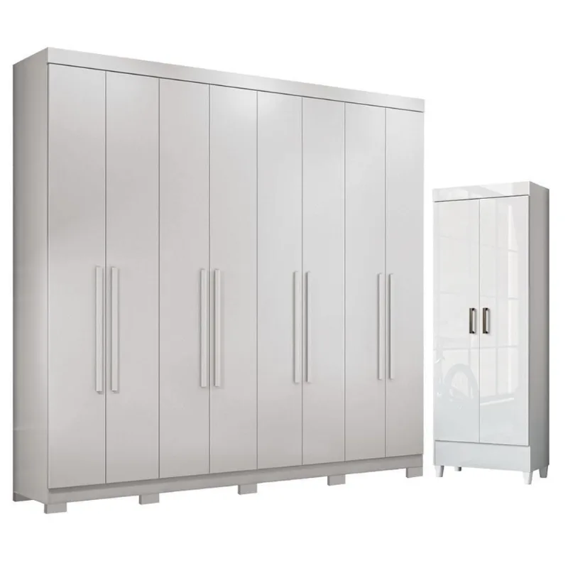 Guarda Roupa Casal Master New 8 Portas de Bater 4 Gavetas MDP Branco Brilho com Pés e Armário