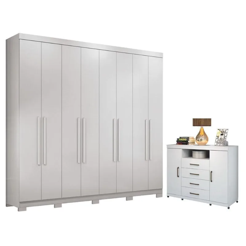 Guarda Roupa Casal com Cômoda Master New 8 Portas 4 Gavetas MDP Branco Brilho Santos Andirá