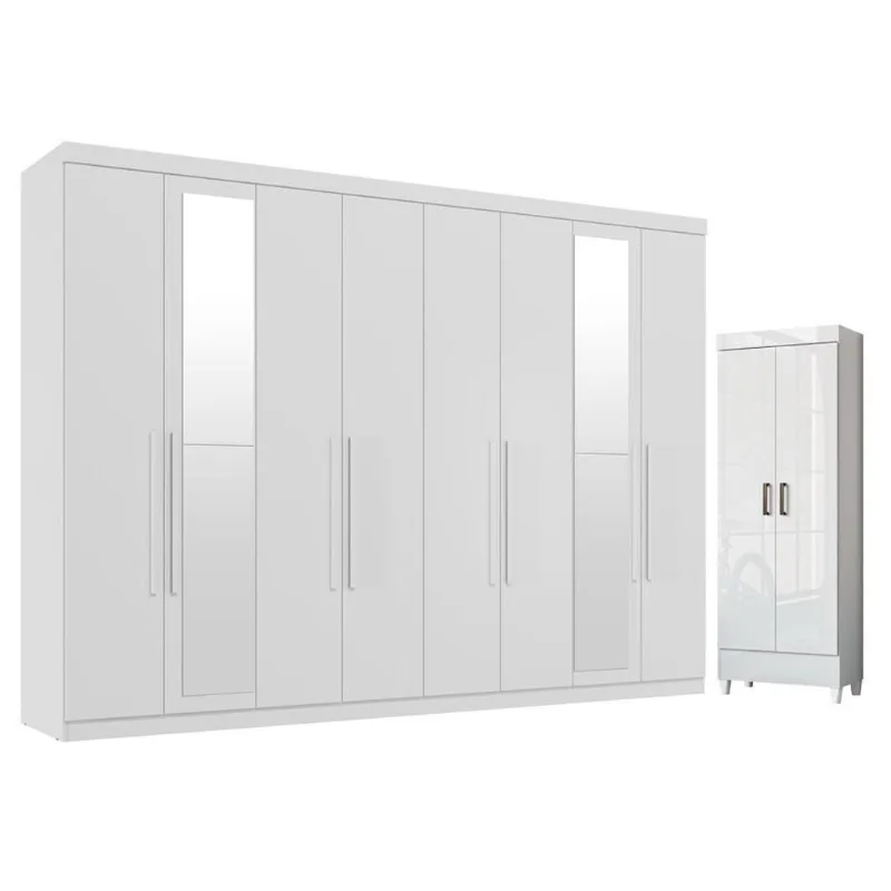 Guarda Roupa Casal Master New 8 Portas 4 Gavetas com Espelho e Armário Multiuso Branco Brilho Santos
