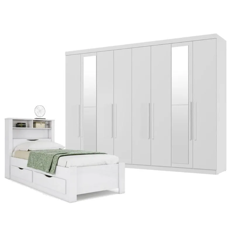 Guarda Roupa Casal com Cama Solteiro Master New 8 Portas 4 Gavetas MDP Branco Brilho Santos Andirá