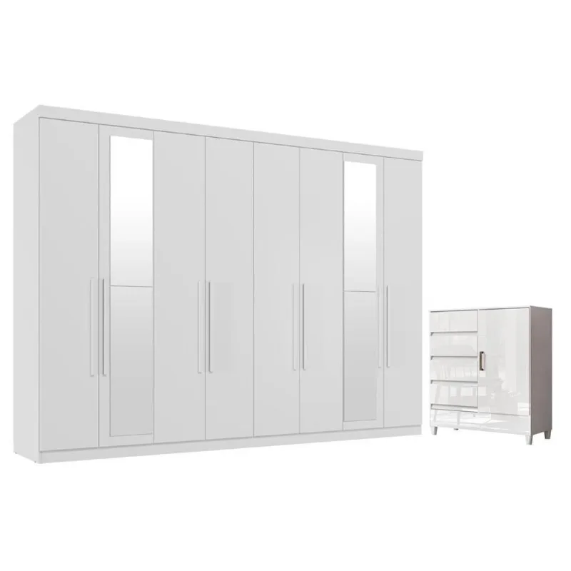 Guarda Roupa Casal Master New 8 Portas de Bater 4 Gavetas com Espelho e Cômoda 1 Porta 6 Gavetas