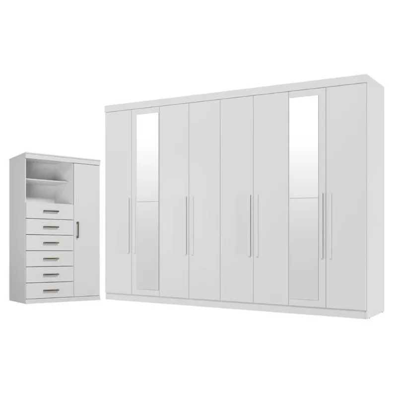 Guarda Roupa Casal com Cômoda Master New 8 Portas de Bater 4 Gavetas MDP Branco Brilho Santos Andirá