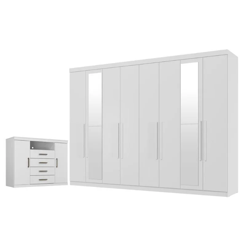 Guarda Roupa Casal Master New 8 Portas de Bater 4 Gavetas MDP com Espelho e Cômoda Branco Brilho