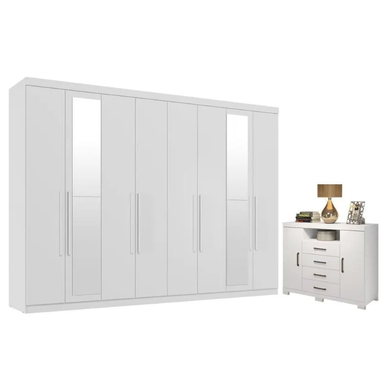 Guarda Roupa Casal com Cômoda Master New 8 Portas 4 Gavetas MDP com Espelho Branco Brilho Santos
