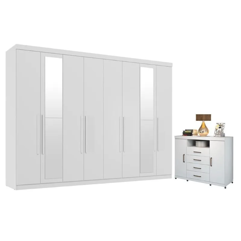 Guarda Roupa Casal com Cômoda Master New 8 Portas de Bater 4 Gavetas MDP Branco Brilho Santos Andirá