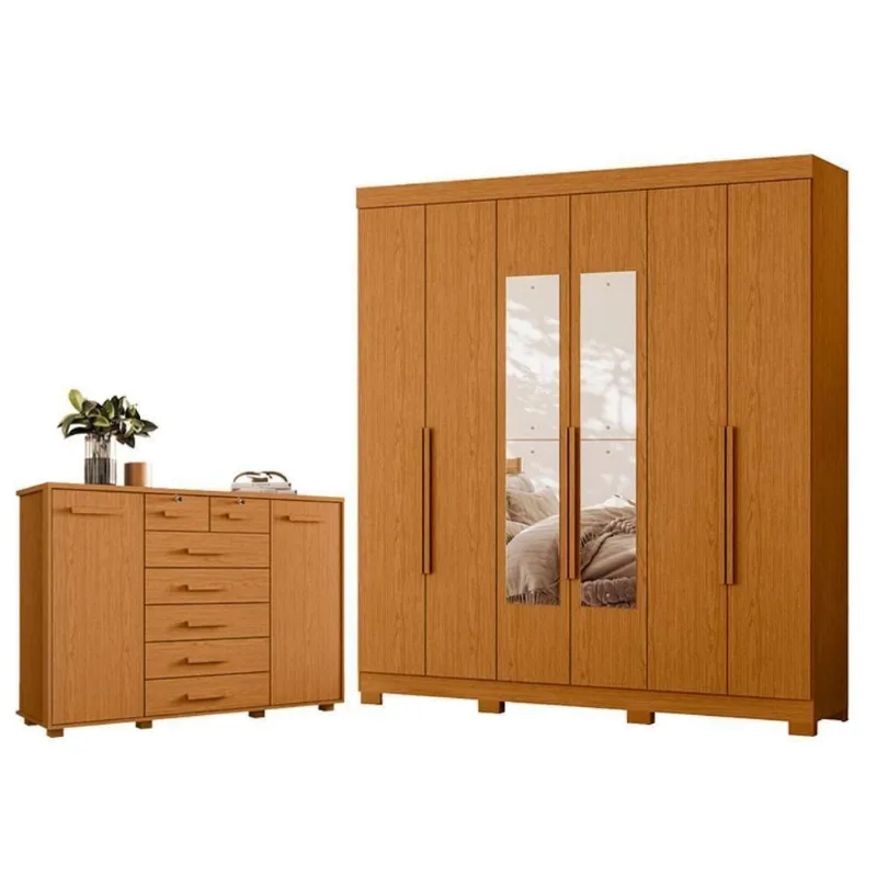 Guarda Roupa Casal Vinci 6 Portas de Bater com Espelho e Cômoda Fontana 3 Gavetas Cinamomo Albatroz