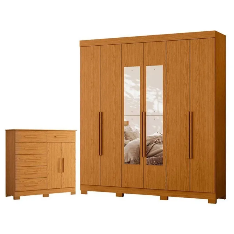 Guarda Roupa Casal com Cômoda Vinci 6 Portas de Bater com Espelho 6 Gavetas Cinamomo Albatroz Móveis
