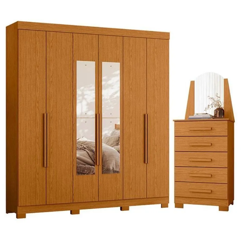 Guarda Roupa Casal Com Cômoda Vinci 6 Portas De Bater 5 Gavetas MDP Cinamomo Albatroz Móveis