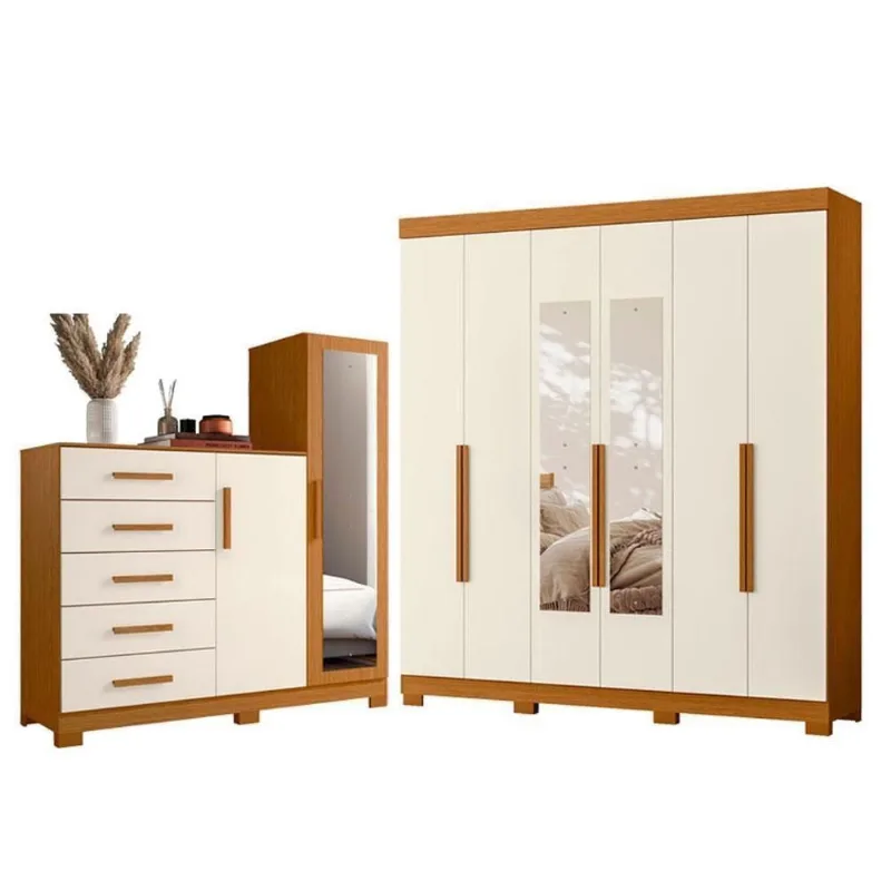 Guarda Roupa Casal com Cômoda Vinci 6 Portas de Bater com Espelho 5 Gavetas MDP Cinamomo Off White