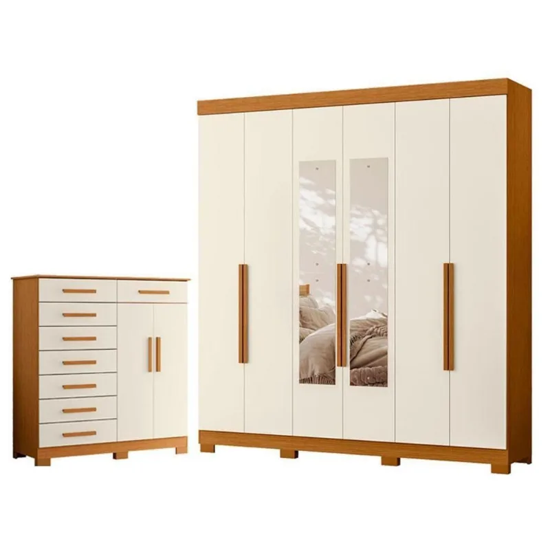 Guarda Roupa Casal com Cômoda Vinci 6 Portas de Bater com Espelho MDP Cinamomo Off White Albatroz
