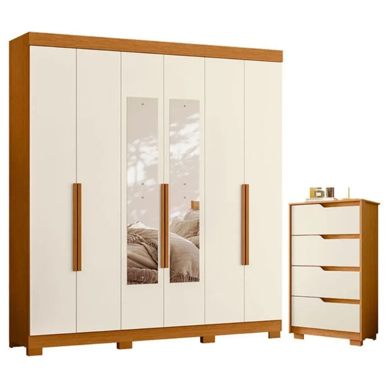 Guarda Roupa Casal com Cômoda Vinci 6 Portas de Bater 4 Gavetas MDP Cinamomo Off White Albatroz