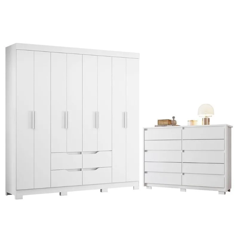 Guarda Roupa Casal com Cômoda Doble 8 Portas 10 Gavetas MDP Branco Albatroz Móveis