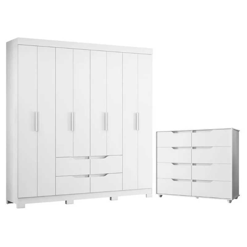 Guarda Roupa Casal + Cômoda Doble 8 Portas de Bater 8 Gavetas MDP Branco Freijo Albatroz Móveis
