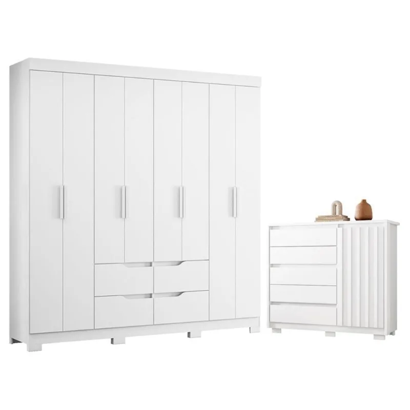 Guarda Roupa Casal com Cômoda Doble 8 Portas 5 Gavetas MDP Branco Albatroz Móveis