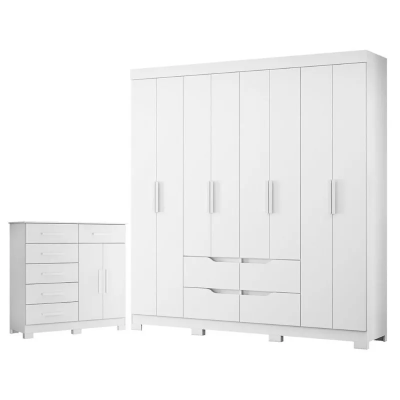 Conjunto de Quarto Guarda Roupa Casal Doble 8 Portas Cômoda Xangai 6 Gavetas MDP Branco Albatroz