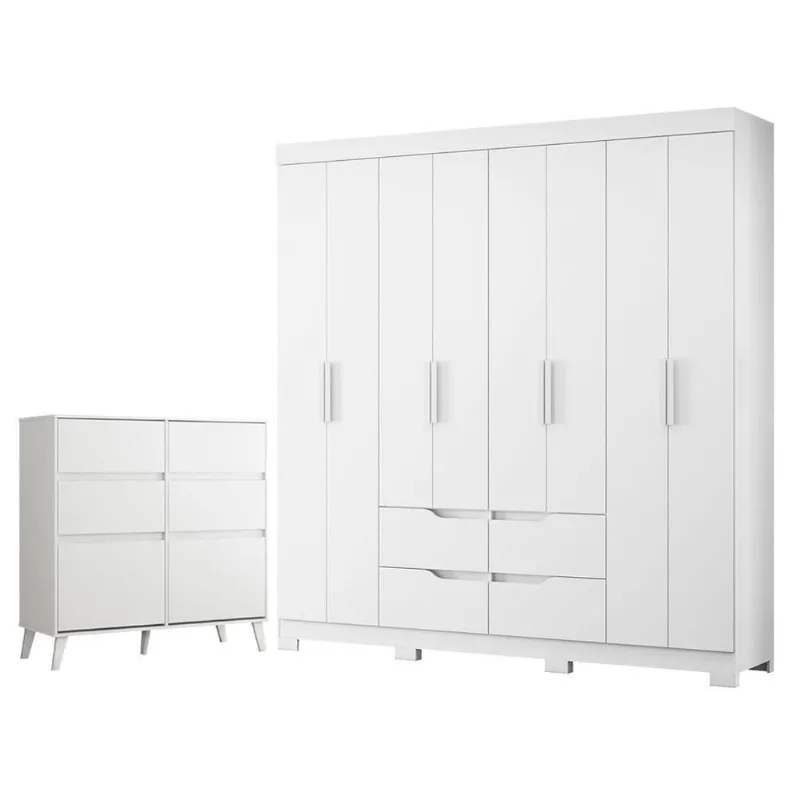 Guarda Roupa Casal Doble 8 Portas Basculantes e Cômoda Sapateira Dora 4 Gavetas Branco Albatroz