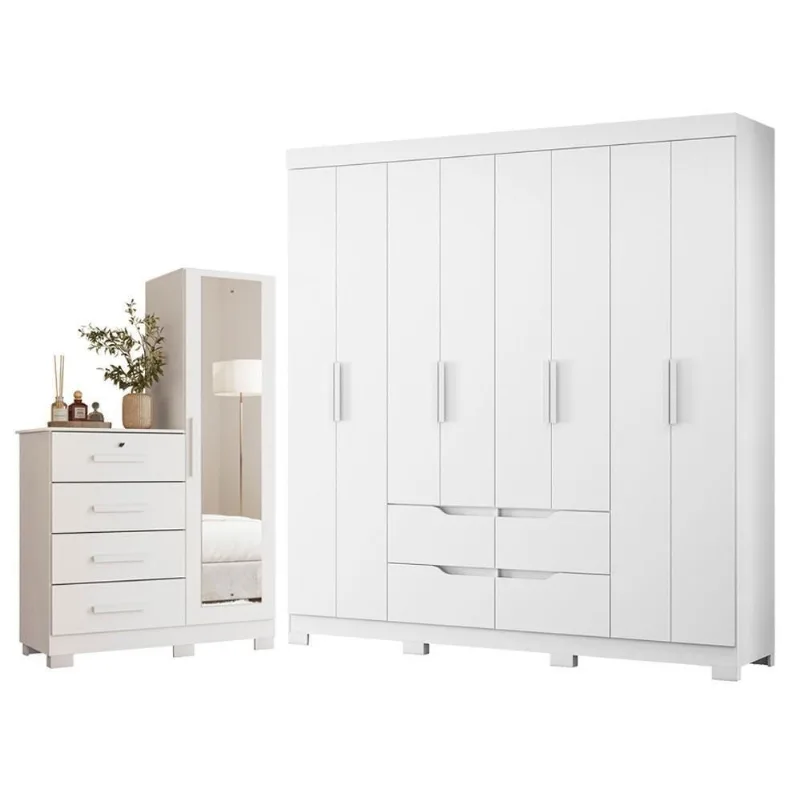 Guarda Roupa Casal Doble 8 Portas de Bater e Cômoda MDP Branco Fosco Liso Albatroz Móveis
