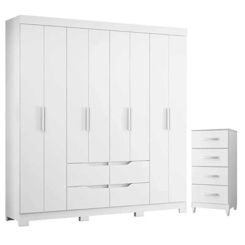 Guarda Roupa Casal e Cômoda Doble 8 Portas de Bater 4 Gavetas MDP Branco Albatroz Móveis